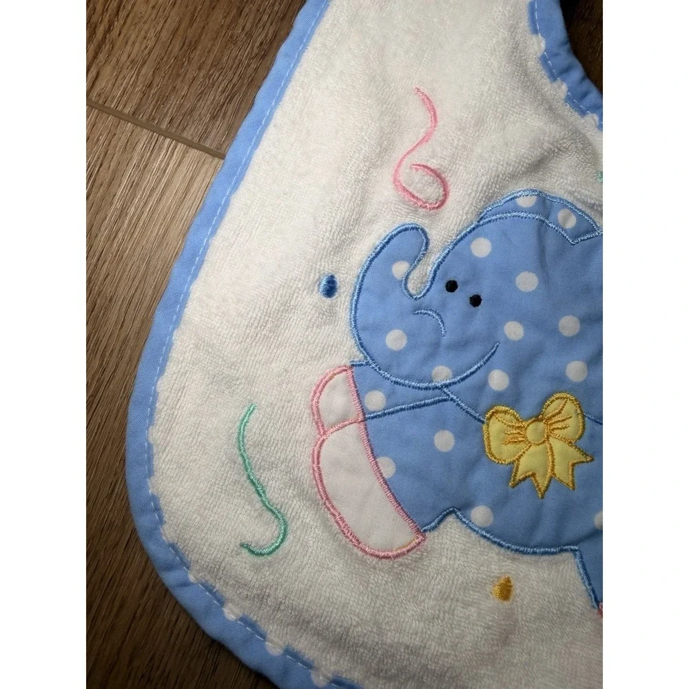 Vintage Baby Bib Blue Elephant Polka‎ Dot Terry Cloth Retro Nursery Babycore